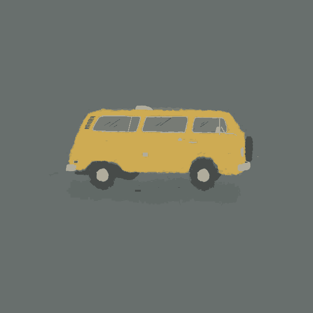 a drawing of a yellow van with a white tire