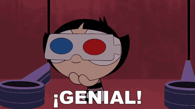 a cartoon character wearing a pair of 3d glasses with the word genial below her