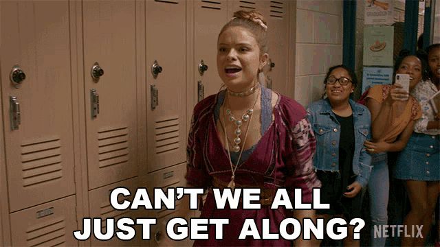 a girl in a purple dress says " can t we all just get along netflix "