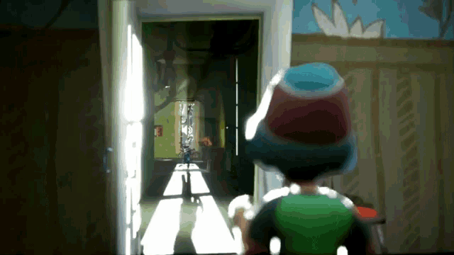 a cartoon character is standing in a hallway looking out a doorway