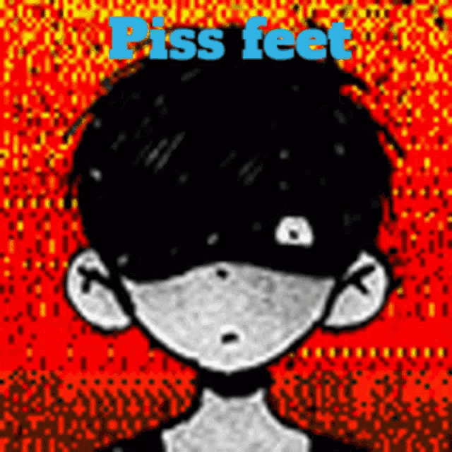 a black and white drawing of a boy with the words piss feet written on the bottom .