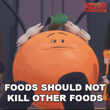 a poster for sausage party 's foodtopia shows an orange ball