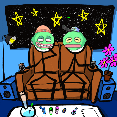 a cartoon drawing of two stick figures sitting on a couch with a can of leo in front of them
