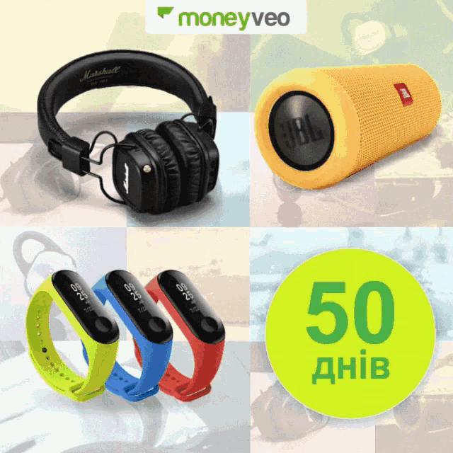 a yellow jbl speaker sits next to a pair of headphones and a watch