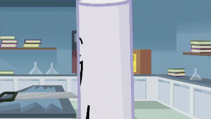 a cartoon illustration of a kitchen with a white cylinder in the middle of it .