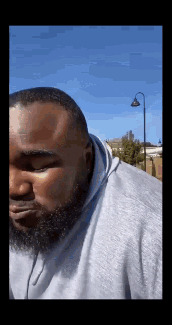 a man with a beard wearing a grey hoodie looks at the camera