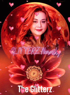 a woman with red hair is surrounded by pink hearts and the words glitterz normsky