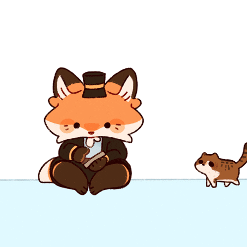 a cartoon of a fox wearing a top hat and holding a book next to a cat