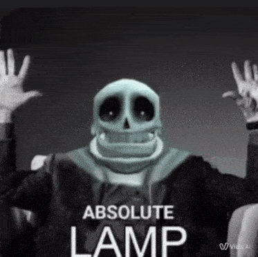 a black and white photo of a skeleton with the words absolute lamp written on it .