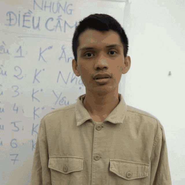 a young man stands in front of a white board that says " nhung dieu cam "