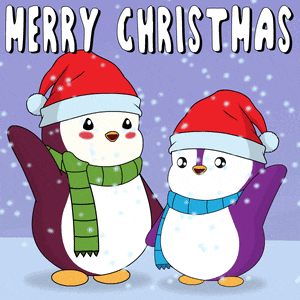 two penguins wearing santa hats and scarves with the words merry christmas written below them