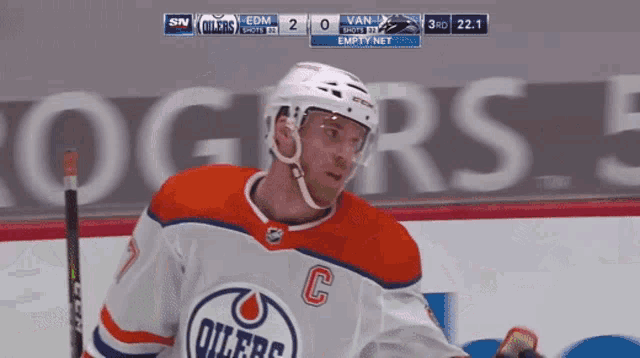 a hockey player with the letter c on his jersey stands on the ice