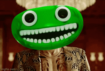 a man in a snakeskin suit has a green face on his head .