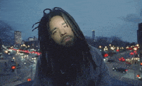 a man with dreadlocks and a beard is standing in front of a city