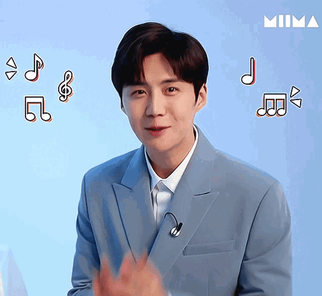 a man in a suit is surrounded by music notes and the word miima on the bottom