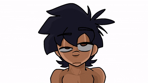 a cartoon drawing of a shirtless boy with black hair and glasses