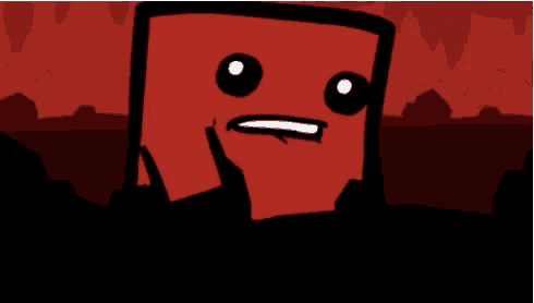 a cartoon character with a red box on his head is making a funny face in a dark room .