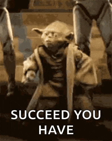 a statue of yoda from star wars is standing next to a group of stormtroopers and says `` succeed you have '' .