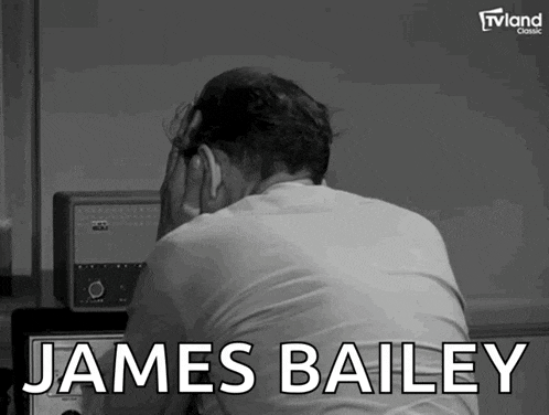 a man sitting in front of a radio with the name james bailey written on the bottom