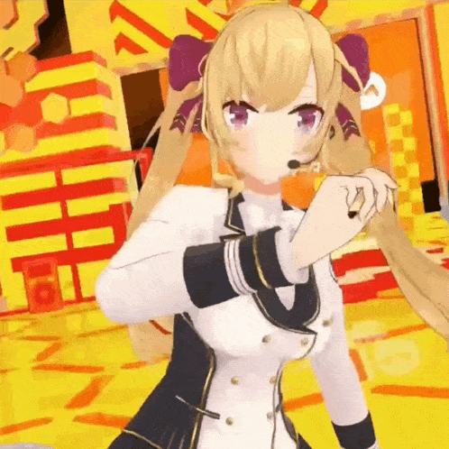 a 3d anime girl with a microphone on her head is standing in front of a yellow background .