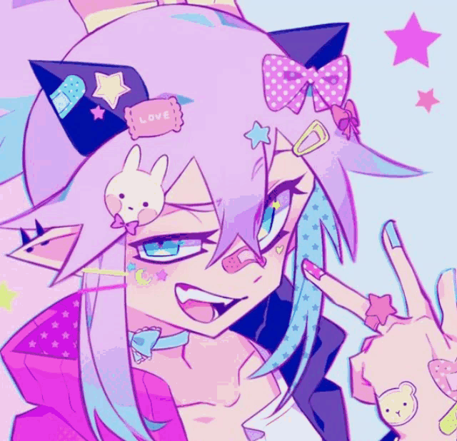 a drawing of a girl with a bunny ear and a love sticker on her head