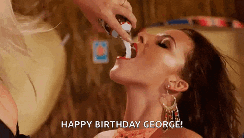 a woman is drinking from a bottle with the words happy birthday george written below her