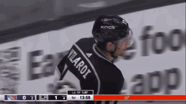 a hockey player wearing a helmet with the word kings on it