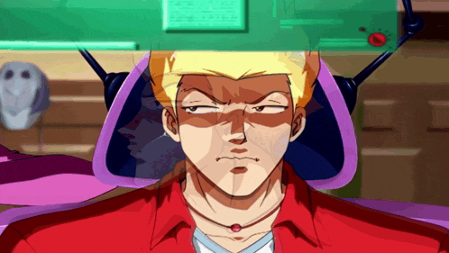 a man in a red shirt is sitting in a purple chair with headphones on his head