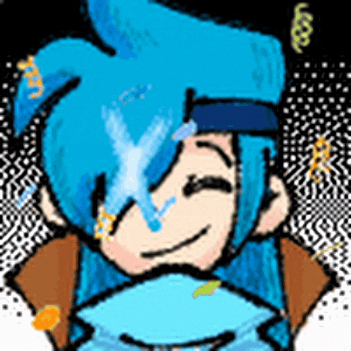 a drawing of a person with blue hair and a fan