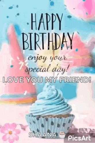 a happy birthday card with a cupcake and balloons on it .