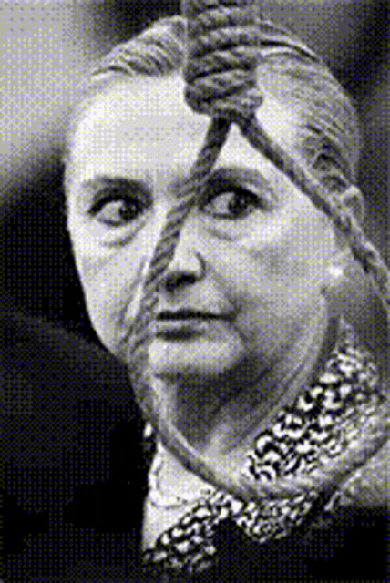 a black and white photo of a woman with a noose around her neck