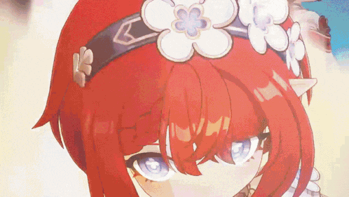 a close up of a girl with red hair and blue eyes