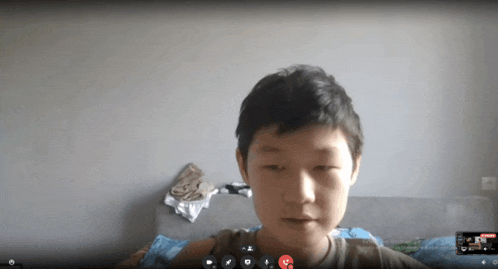 a boy is on a video call with a red button that says ' pause '