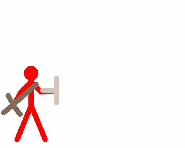 a drawing of a donkey with a sword in its mouth and a red stick figure standing next to it