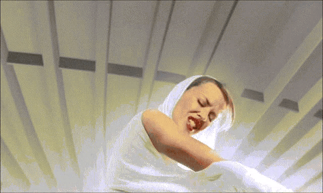 a pixelated image of a woman wearing a white dress
