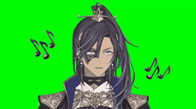 a man with long black hair is surrounded by music notes on a green screen .