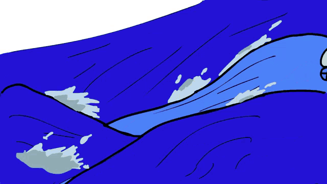 a cartoon drawing of a blue river with a white rabbit in the middle