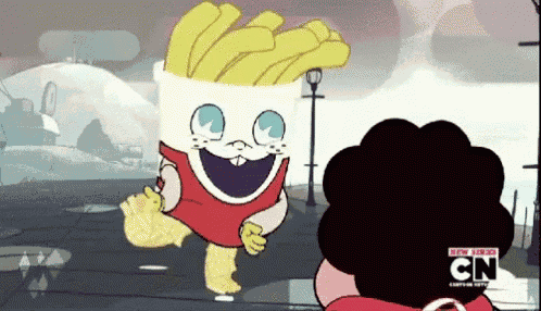 a cartoon character with french fries on his head is standing next to a cartoon character with the word cn on the bottom