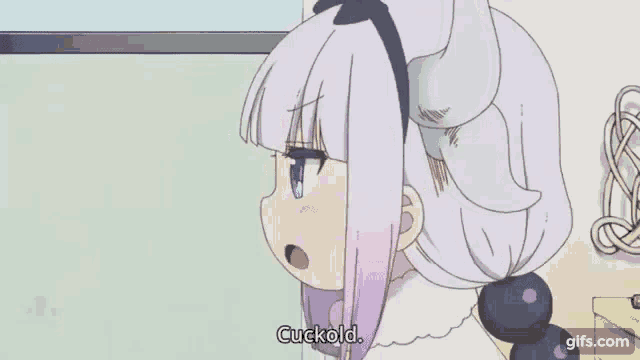 a cartoon girl with horns is standing in front of a window and saying `` cuckold '' .