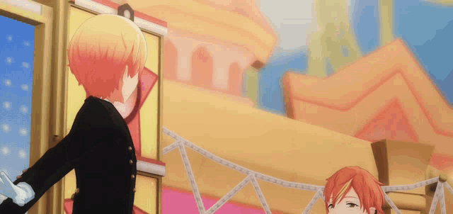 a couple of anime characters standing next to each other in front of a building