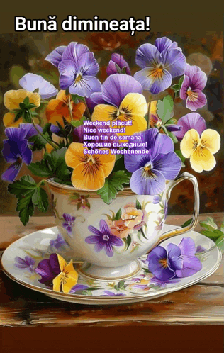 a painting of purple and yellow flowers on a saucer with the words buna dimineata