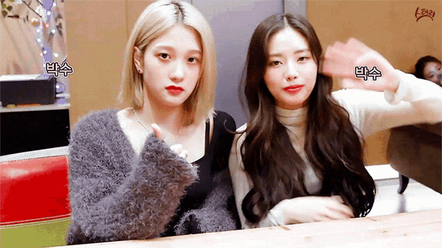 two girls are sitting next to each other and one of them is wearing a gray sweater