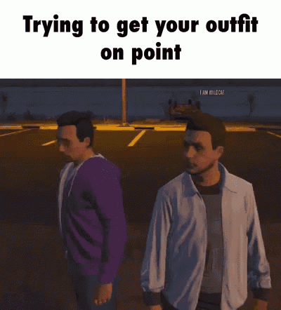 a man is standing in a parking lot with the words " trying to get your outfit on point " above him