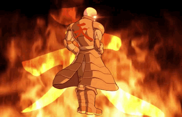 a man with a red symbol on his back stands in front of flames