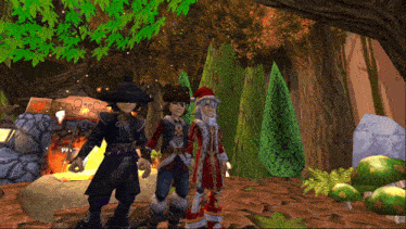 two cartoon characters are standing next to each other in a forest and one of them is wearing a santa hat