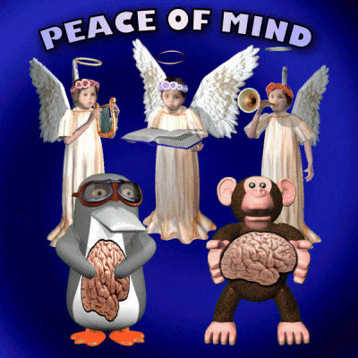 a peace of mind poster with penguins and angels on it