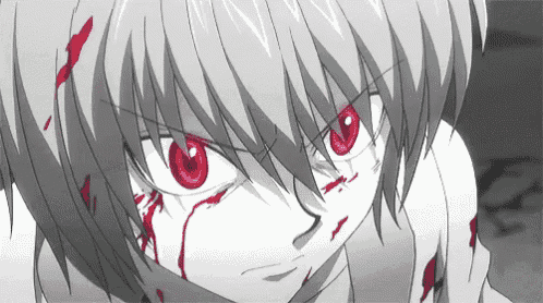 a black and white drawing of a person with red eyes and blood on their face