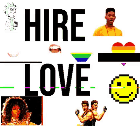 a hirehire love sign with a rainbow heart and a smiley face