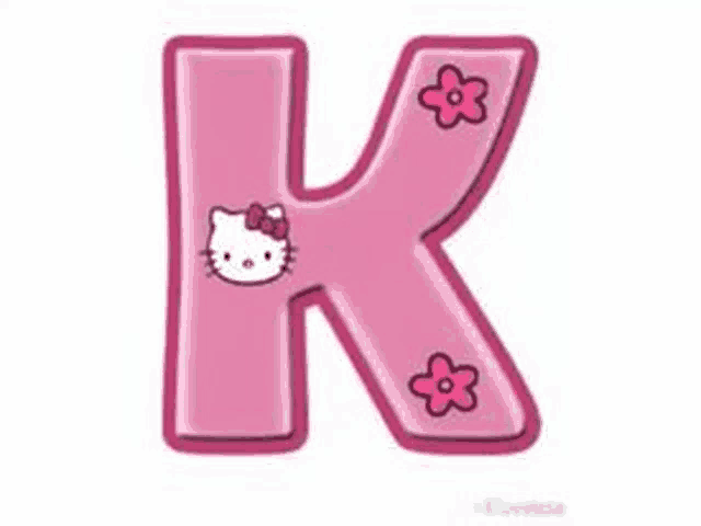 a pink letter k with a hello kitty face and flowers .