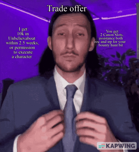 a man in a suit and tie has a trade offer on the screen